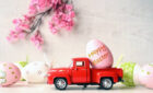 One Easter egg on a small car on a light background and blooming branch. Copy space. Easter card.