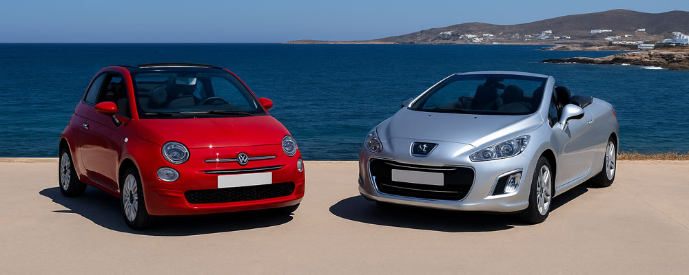 Découvrez les voitures cabriolet Fiat 500 et Peugeot 308 à Paros